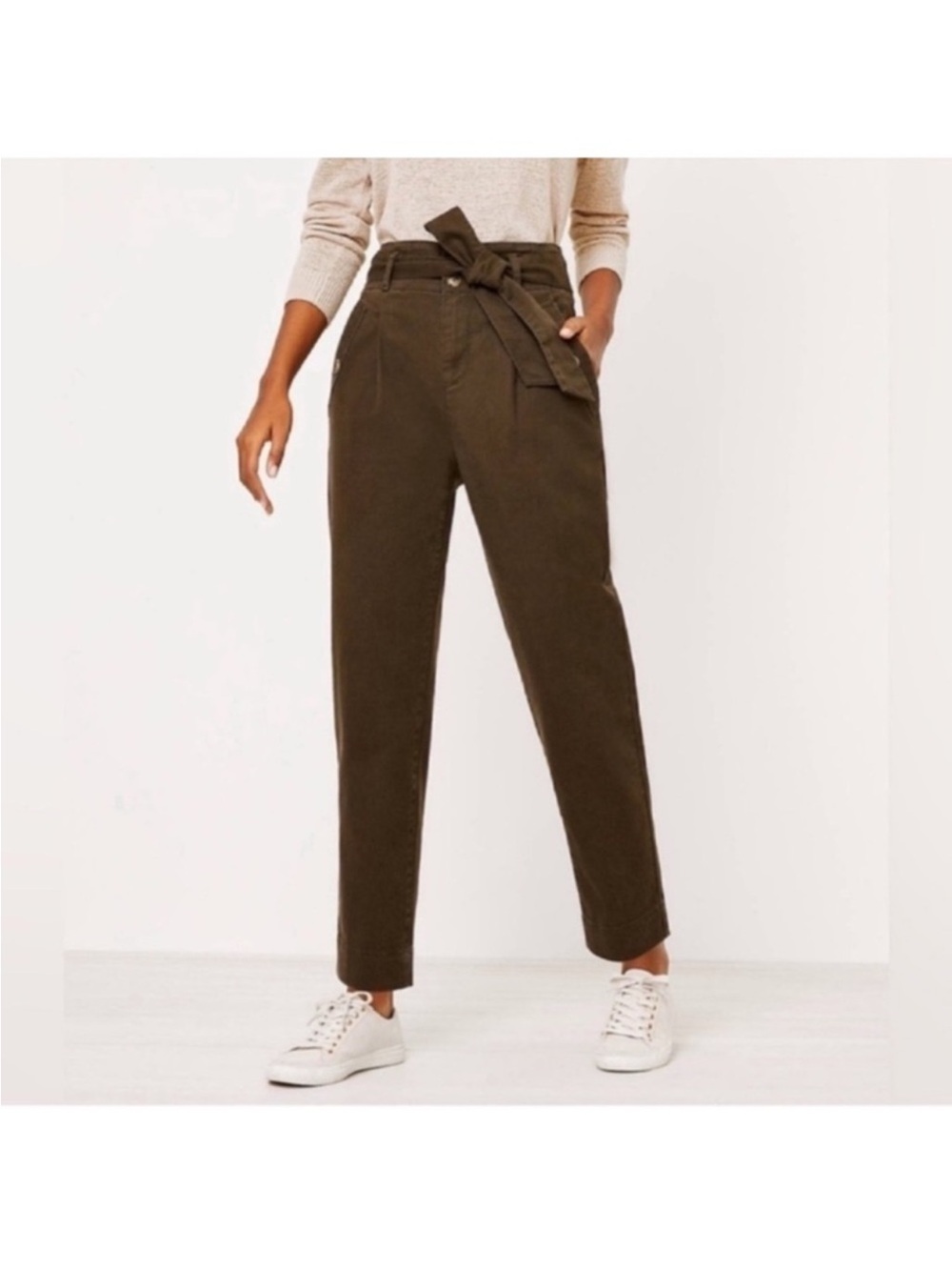 Loft Tie Waist Slim Ankle Pants Sz 8/M Green Casual High Waist